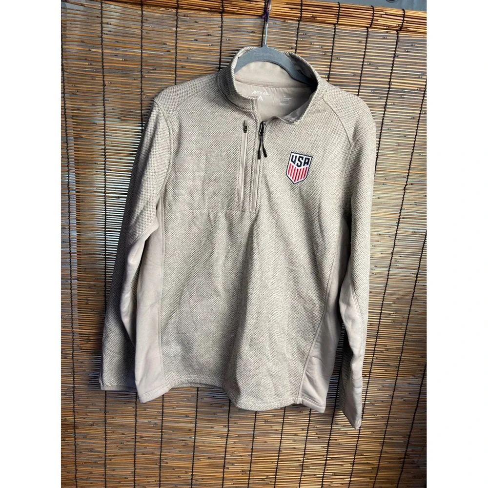 Antigua USA Soccer Mens Medium Quarter Zip Pullover Fleece Jacket Tan Heather
